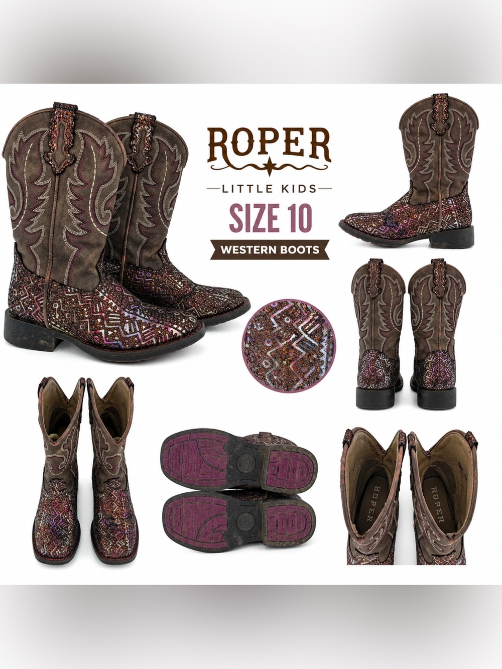 Roper Girls Size 10 Glitter Aztec Western Cowboy Boots Brown Square Toe